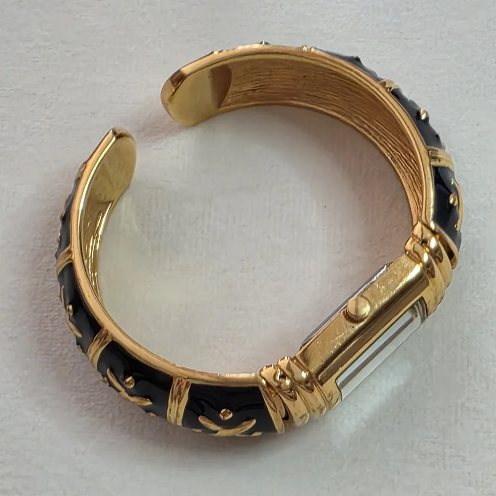 Joan Rivers Gold Black Enamel Bangle Watch Bracelet Vintage Statement WORKS